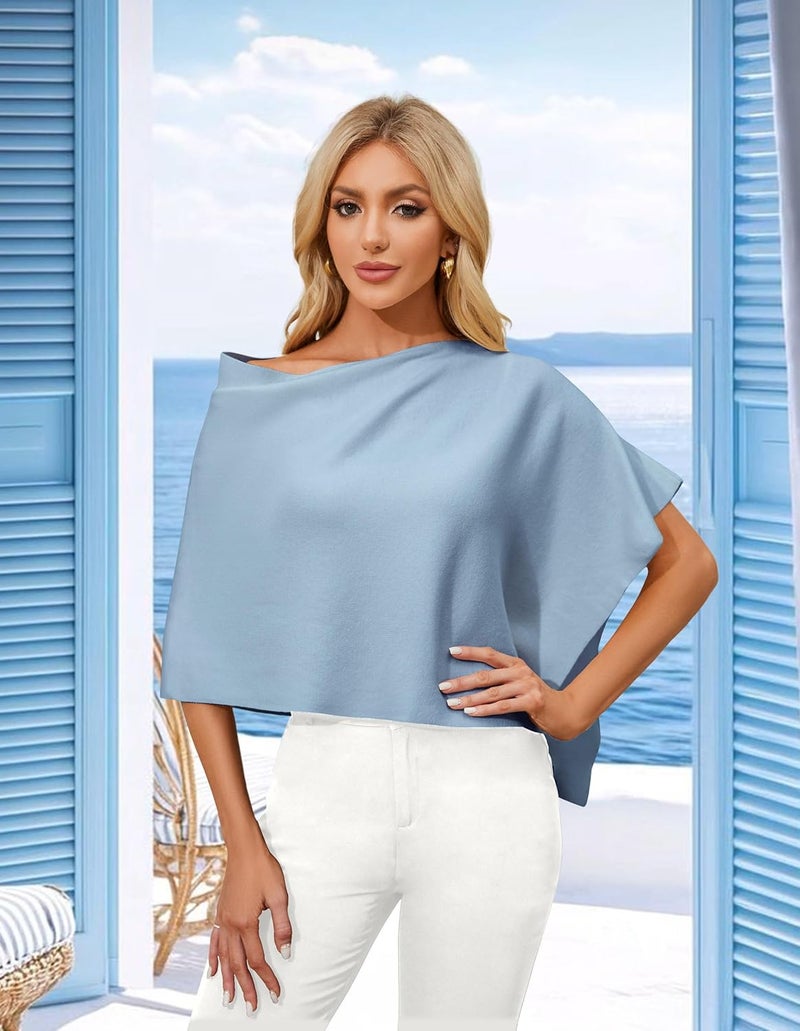 Puli Women Capri Poncho Sweater Slimming Fit Cropped Versatile Shawl Soft Knit Wraps Cowl Neck Short Tops - Image 2